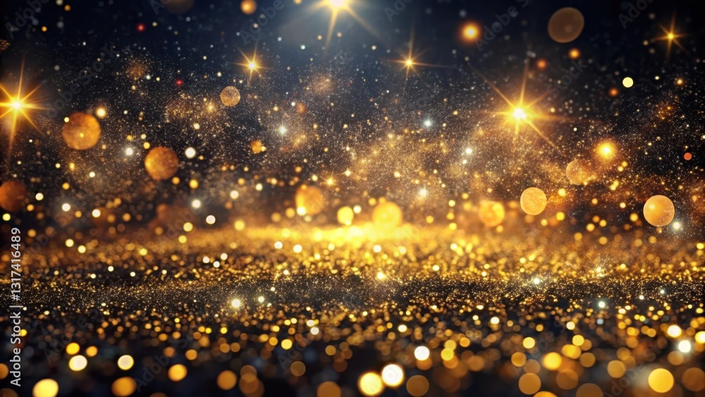 Aufkleber a sparkling field of golden glitter with a blurred backdrop of twinkling lights and a dark sky.