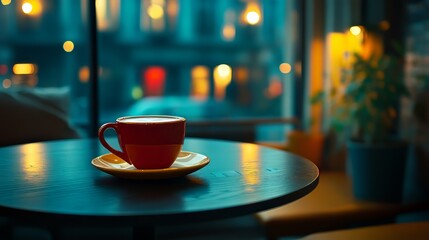 A warm cup of coffee on a cozy table in a softly lit café.
