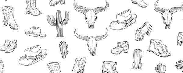 Western themed flat icons set featuring cowboy hats, boots, and skull in linear style.