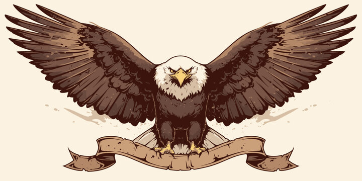 Majestic eagle with spread wings on banner, wildlife and patriotism symbols, flat icons set, vector.