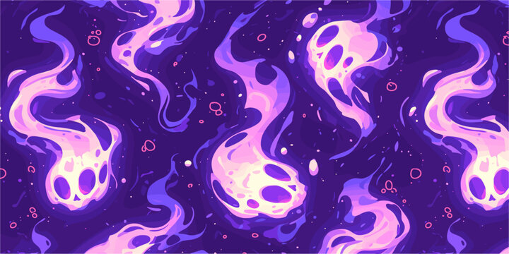 Flat ghostly flames icons set - purple and pink ethereal fire in seamless pattern.