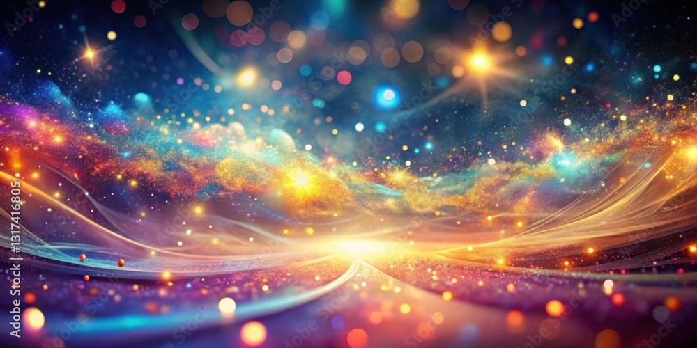 Poster a shimmering abstract landscape with vibrant colors and glittering particles, a sense of wonder and 