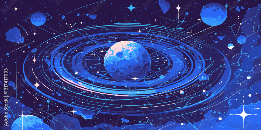 Poster futuristic space exploration with planets and stars vector, linear style icons set.