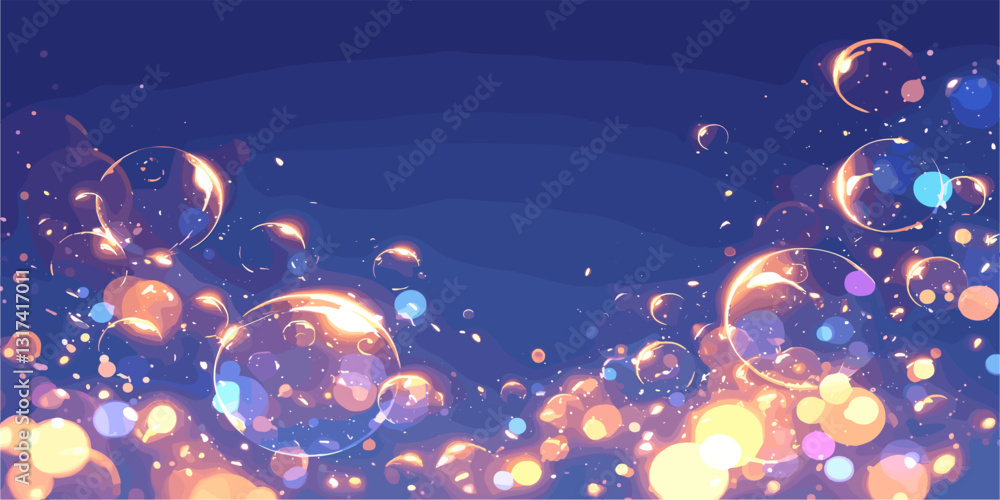 Poster linear flat icons set: glowing bubble abstract background with light effects vector.