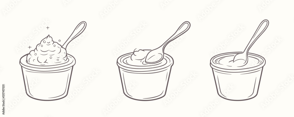 Poster flat linear icons set of yogurt cups with spoons - vector style illustrations.