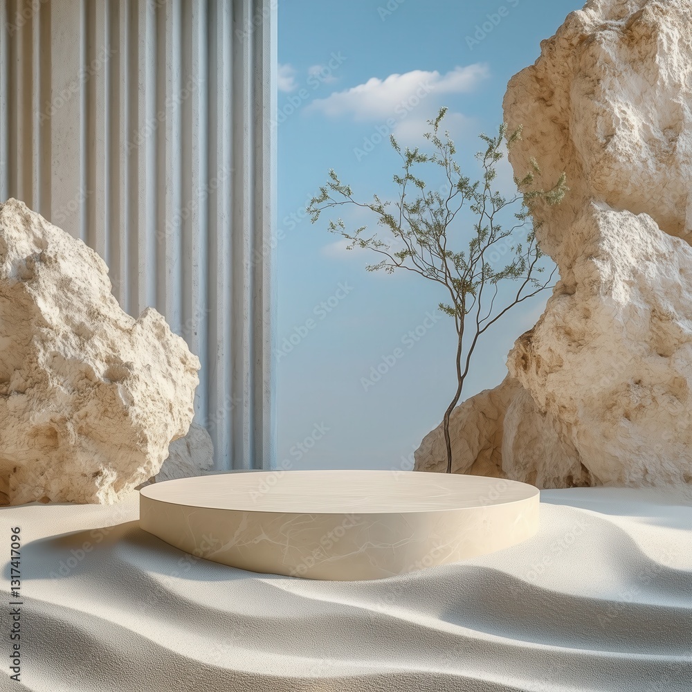 Poster minimalist product display with a natural setting featuring sand rocks and a single tree against a b