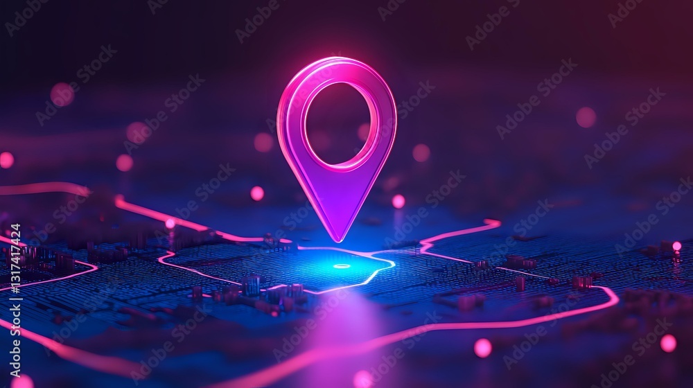 Poster Glowing pink location pin marker floating over digital circuit map with neon blue light effects and bokeh background, futuristic navigation concept.
