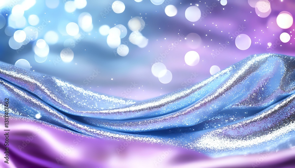 Poster shimmering waves of blue and purple silk fabric with glitter sparkles and bokeh lights creating magi