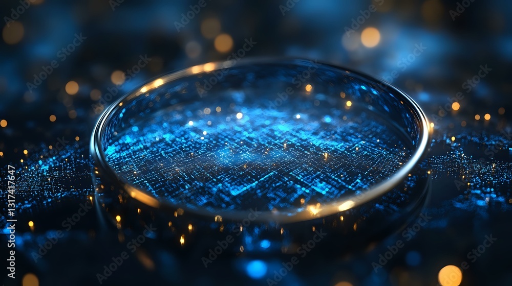 Aufkleber glowing blue digital circuit pattern viewed through magnifying glass with golden bokeh lights create
