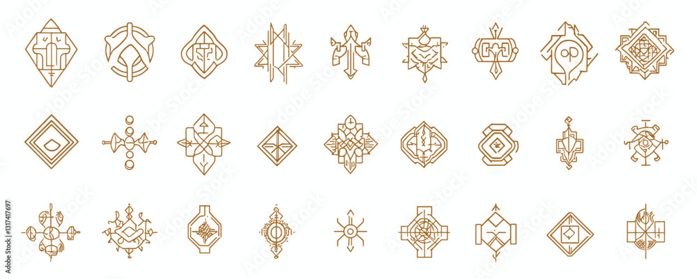 Poster elegant linear icons set with geometric patterns in flat style.