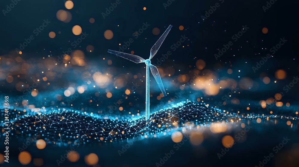 Poster wind turbine on glowing digital wave with bokeh light effects and particles in dark blue background,