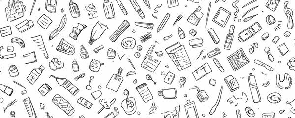 Flat linear style icons set of hand-drawn skincare and beauty products in vector format.