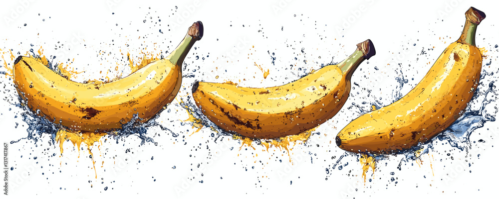 Poster flat icons set of splashing bananas in water - linear style vector art.
