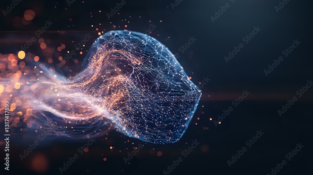 Poster glowing digital human head profile made of connected dots and lines dissolving into particles agains