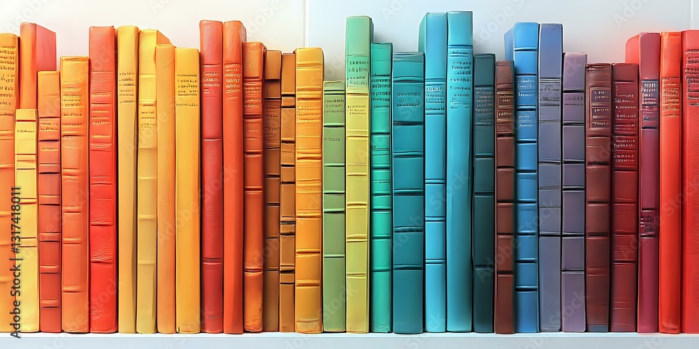 Poster row of colorful book spines arranged in rainbow spectrum order on shelf, showing gradient from red t