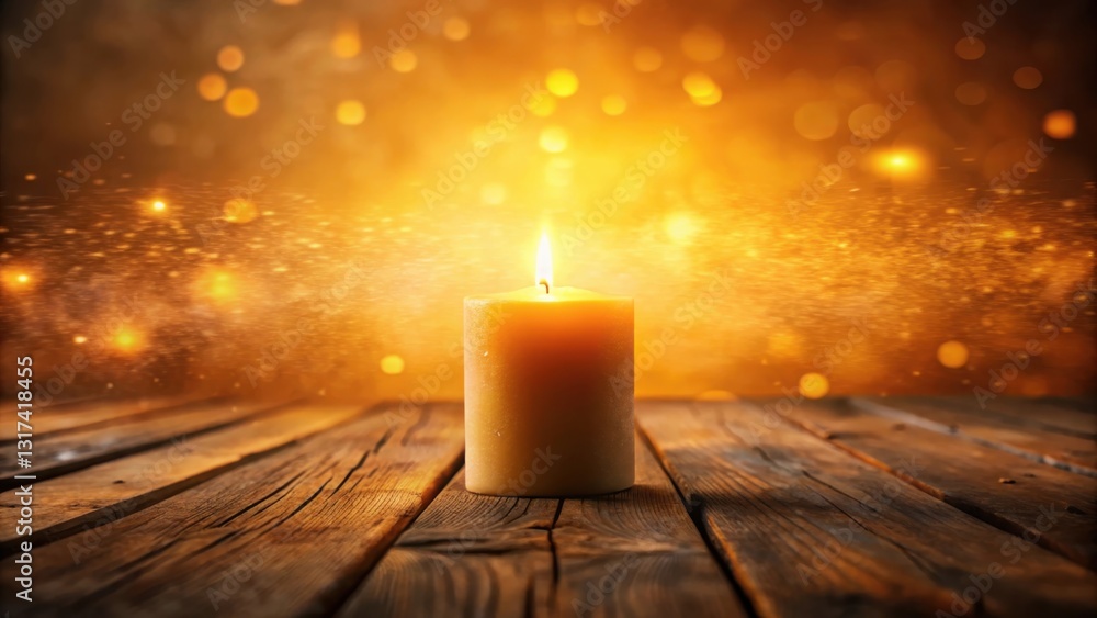 Poster a single lit candle on a rustic wooden surface with a golden glow and sparkling bokeh