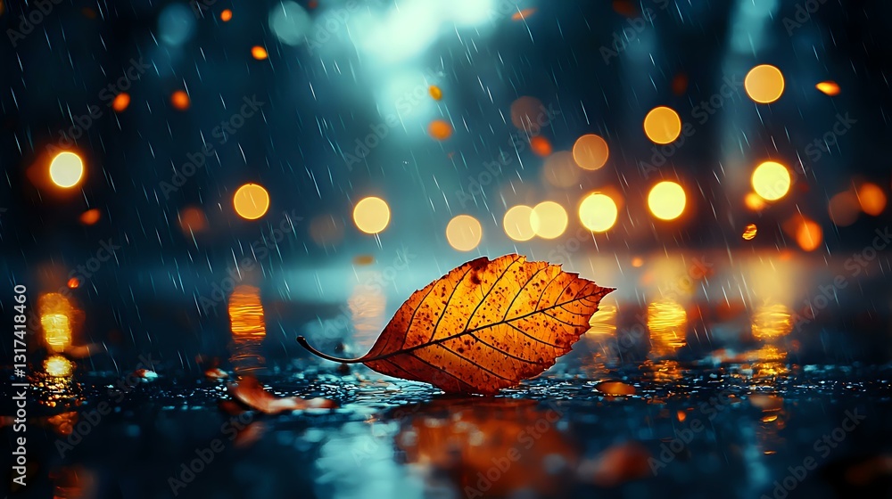 Poster fallen autumn leaf on wet surface during rain with golden bokeh lights creating magical atmosphere. 