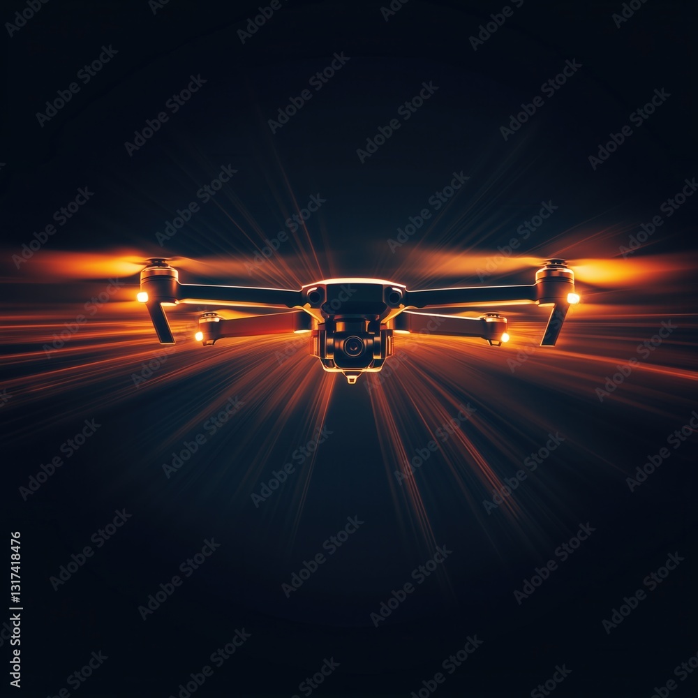 Poster illuminated drone in flight: a captivating image of a drone highlighted against a dark background wi
