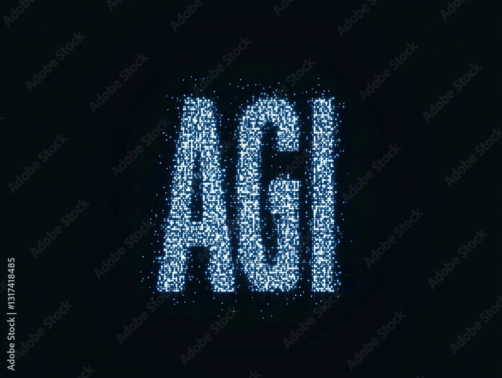 Poster the agi text appears as a collection of glowing blue particles on a dark background representing art