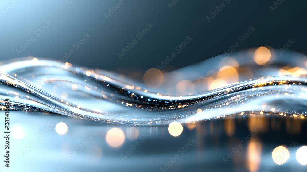 Poster flowing abstract waves with glowing particles and bokeh lights create dynamic motion against dark ba