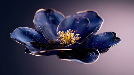 Mystical dark blue flower with golden center against blurred background, glowing petals with sparkles create magical botanical art piece for fantasy designs.