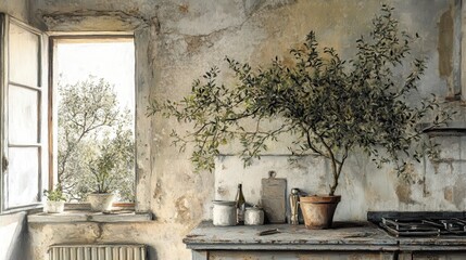 Rustic Italian Kitchen for Olive Tree, Window Light.