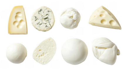 Variety of Cheese Types Including Soft and Hard Options on White Background