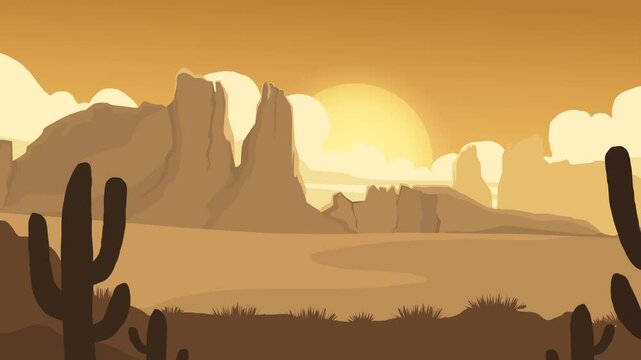 Animation of desert landscape with cactus and rocky mountains