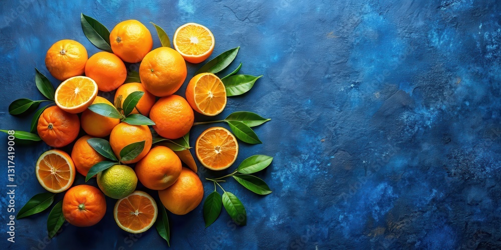 Aufkleber a vibrant cluster of juicy oranges and green leaves arranged on a textured blue surface, creating a 