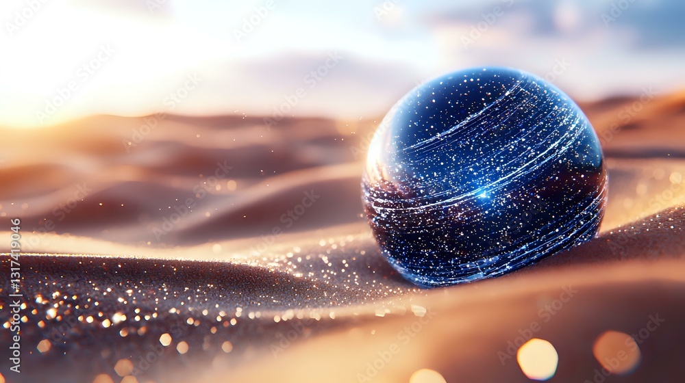 Aufkleber glowing cosmic sphere with starry pattern rests on desert sand dunes at sunset, creating magical atm
