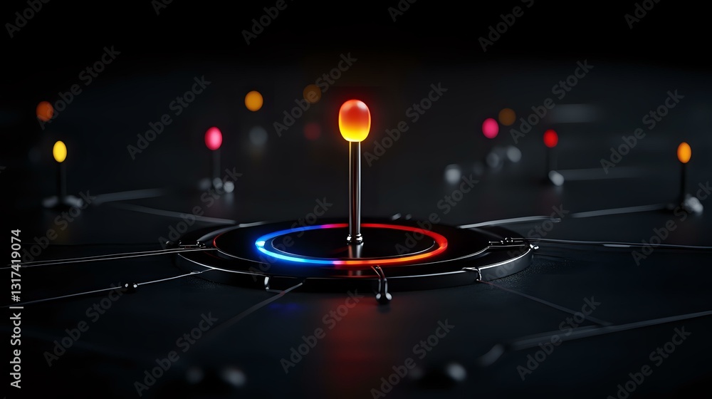 Poster glowing pin marker on dark network grid with neon circle and connected nodes, futuristic technology 