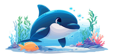 Obraz premium Flat style marine life icons set featuring dolphins and fish in a vibrant underwater scene.