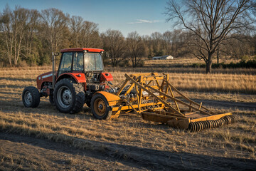 Red tractor farming equipment field rural agriculture land plowing machinery farm vehicle soil cultivation crops irrigation tillage farming tools farming machinery harvest equipment farm crops