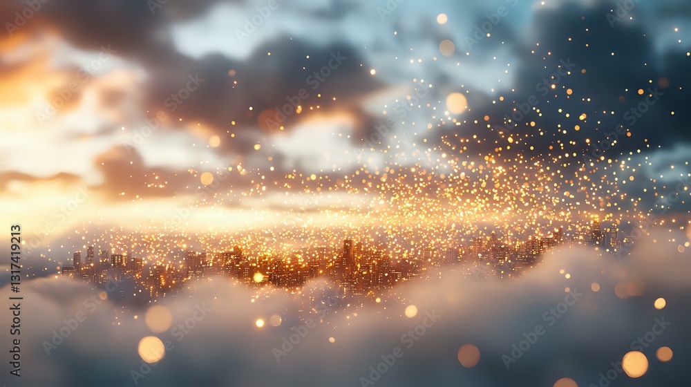Poster magical glowing particles floating in dramatic sunset sky with clouds, creating ethereal atmosphere.