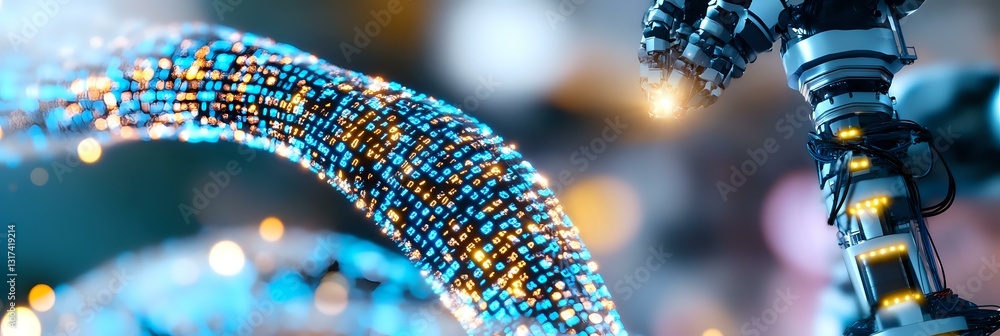 Aufkleber microscopic view of dna double helix structure with glowing blue particles and bokeh effect, showing