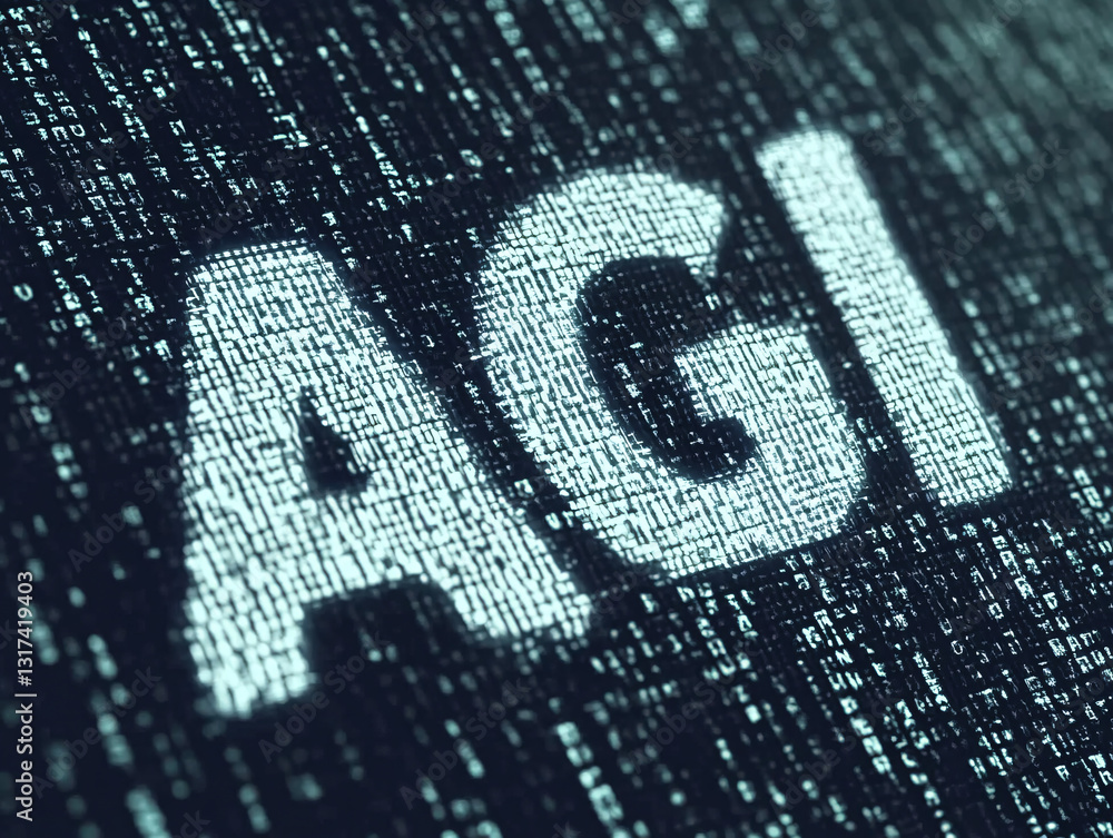 Poster the glowing white agi text emerges from a dark background filled with green digital code symbolizing