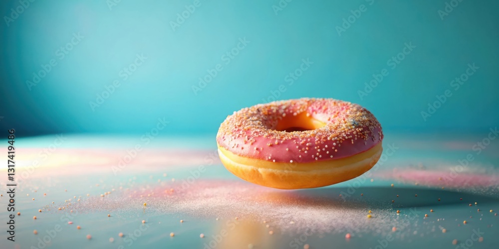 Poster A pink frosted donut with sprinkles levitates above a table covered in scattered sugar, creating a mesmerizing display of sugary delight.