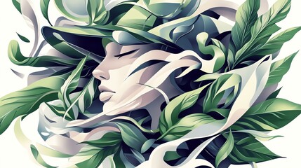 A serene woman intertwined with lush foliage.