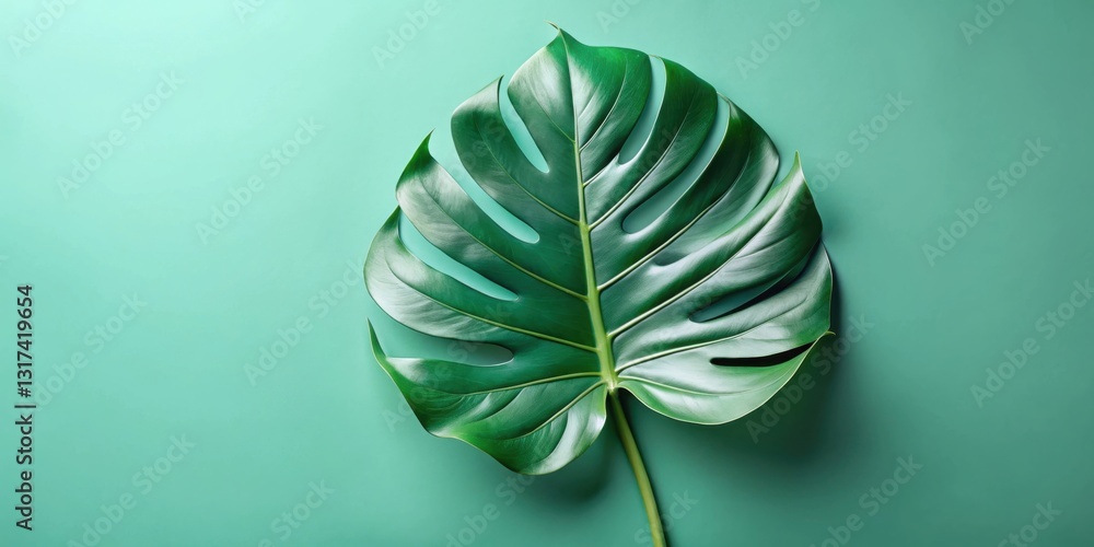 Poster a single, vibrant green leaf with intricate perforations rests gracefully on a solid mint background