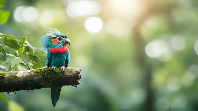 Vibrant spangled cotinga perched on mossy branch against soft bokeh background, displaying bright turquoise and red plumage in natural forest habitat.