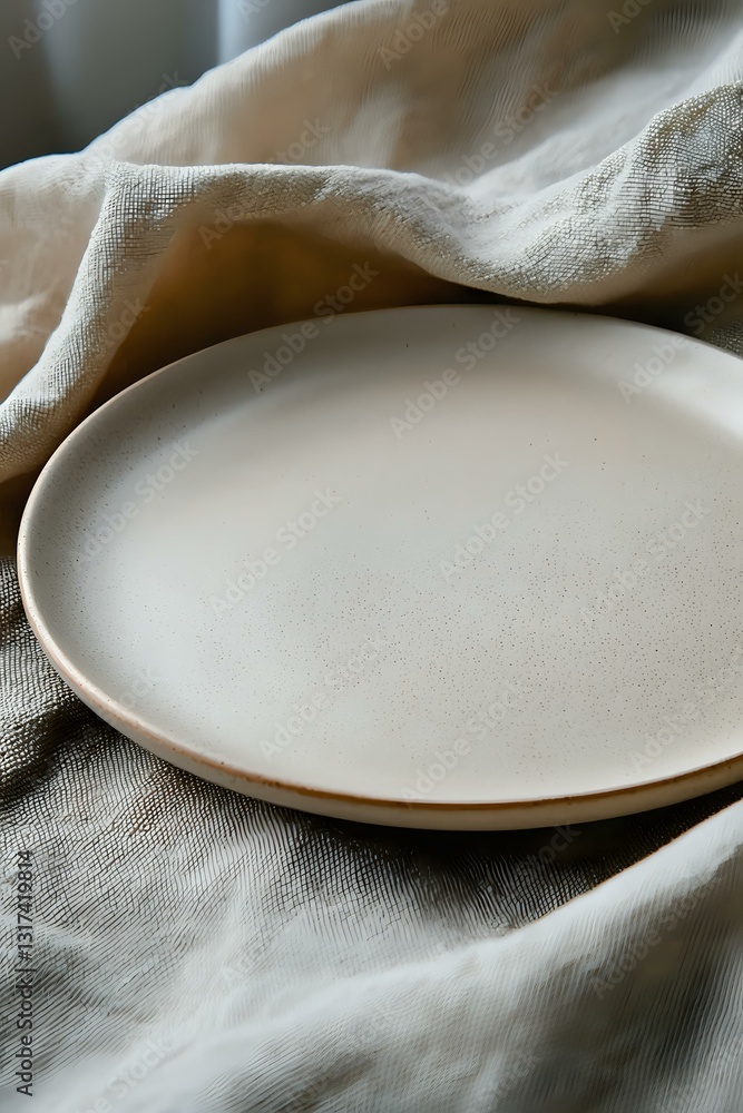 Poster minimalist ceramic plate in matte cream color on soft linen fabric with gentle folds, creating elega