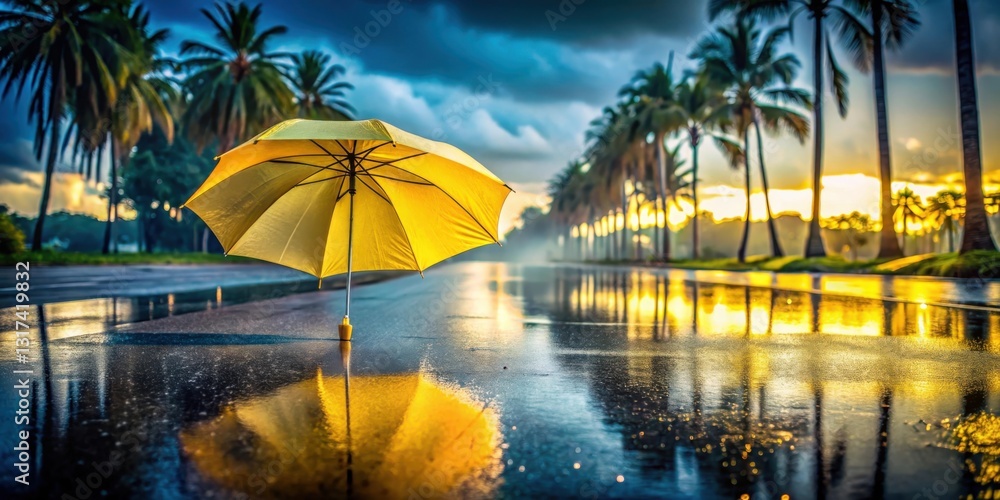 Aufkleber A single yellow umbrella stands alone on a wet asphalt road, reflecting the golden glow of the setting sun as it peeks through the clouds, creating a surreal scene amidst a line of palm trees.