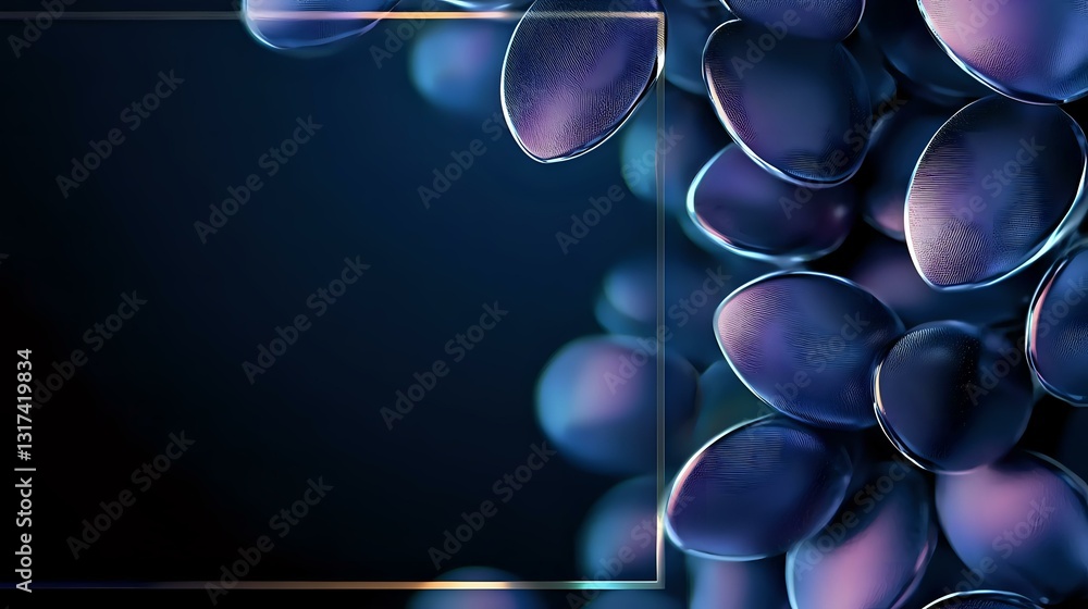 Poster glowing purple and blue spherical shapes create abstract background with soft bokeh effect and metal