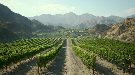 Fototapeta premium Vineyard rows in mountain valley; sunny day; agriculture, wine production