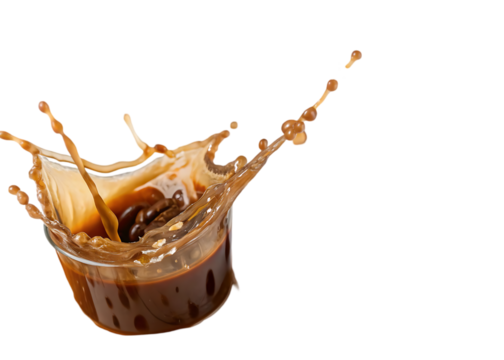 Coffee beans splashing into a cup of coffee