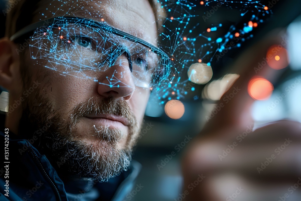 Poster Bearded man wearing smart glasses with futuristic holographic interface overlay. Digital technology concept with blue glowing network visualization and bokeh lights.