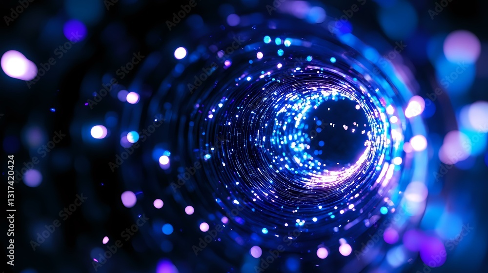 Poster glowing blue spiral tunnel with scattered light particles and bokeh effects creates futuristic abstr