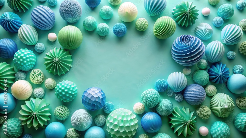 Poster abstract geometric shapes composition of aqua and teal spheres and orbs on a smooth mint background