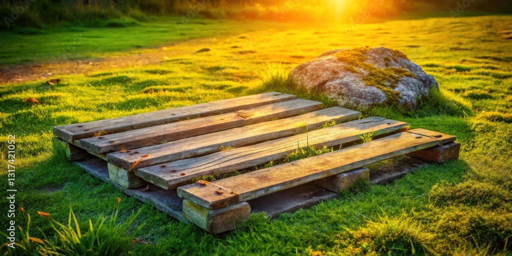 Poster wooden pallet on a green lawn with a large rock in the background and a golden glow from the setting