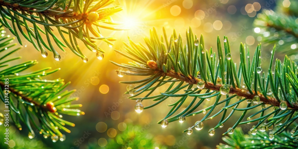 Poster pine needles adorned with dew drops catch the golden rays of the morning sun, creating a sparkling s